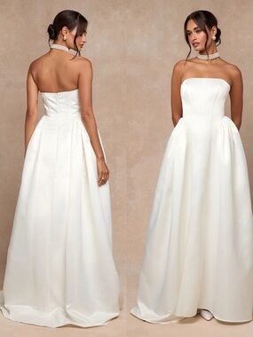 NWT Lulu’s Bennett White Satin Strapless A-Line Maxi/ Wedding Dress Medium Chic